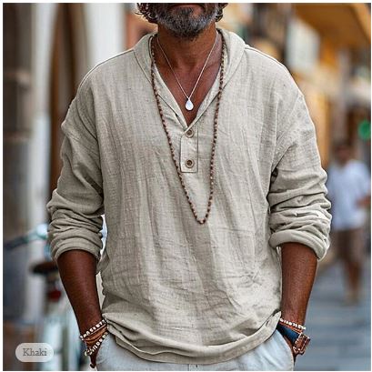 Men's V-Neck Long Sleeve Linen Shirt
