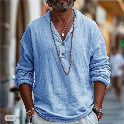 Men's V-Neck Long Sleeve Linen Shirt