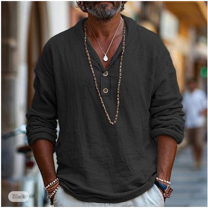 Men's V-Neck Long Sleeve Linen Shirt