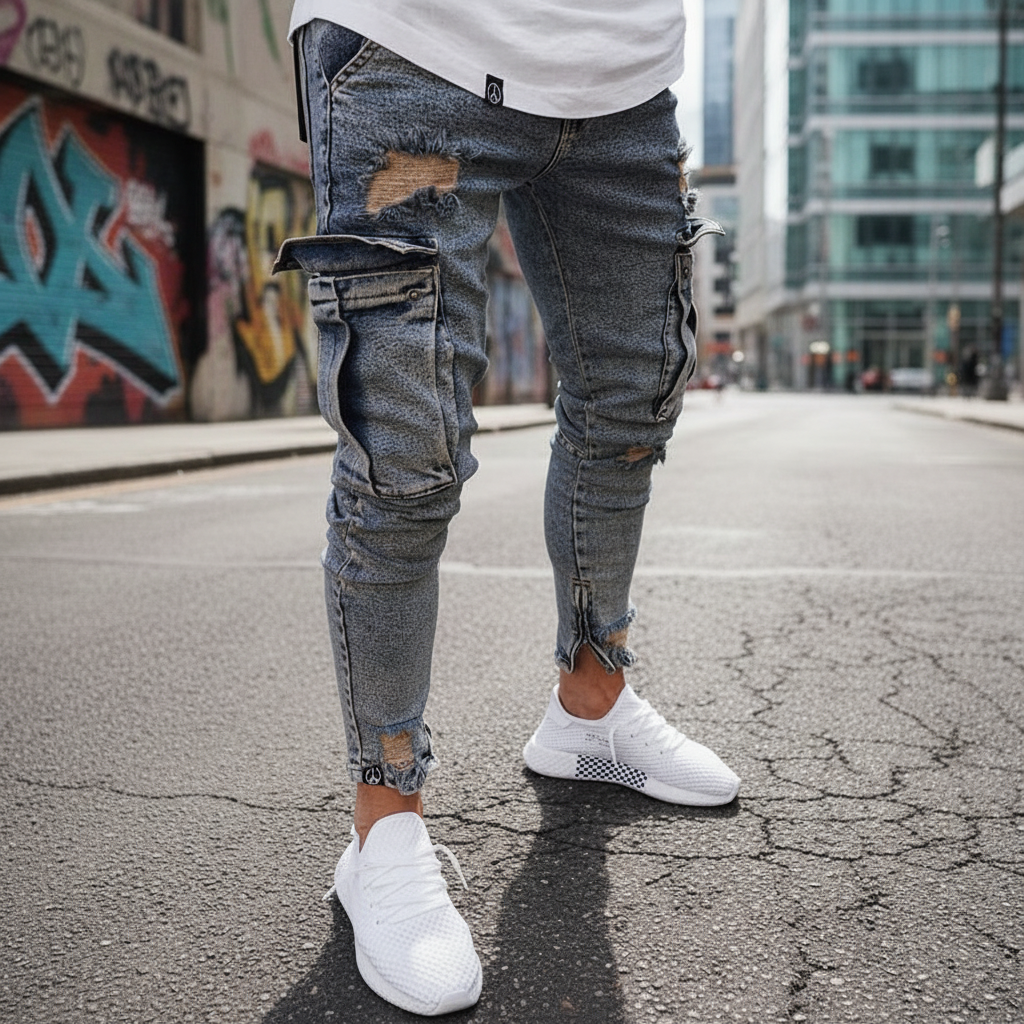 Men's Utility Tapered Denim Cargo Trousers