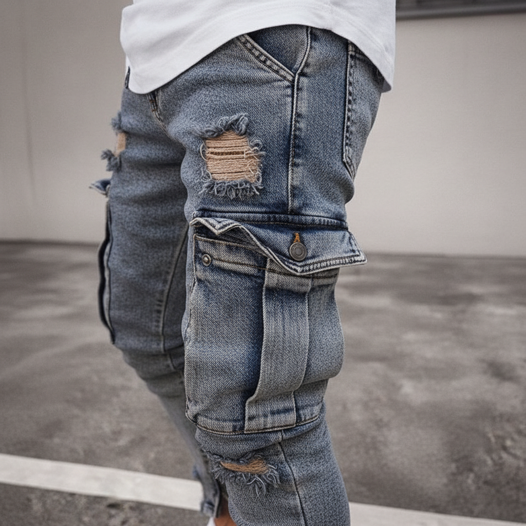 Men's Utility Tapered Denim Cargo Trousers
