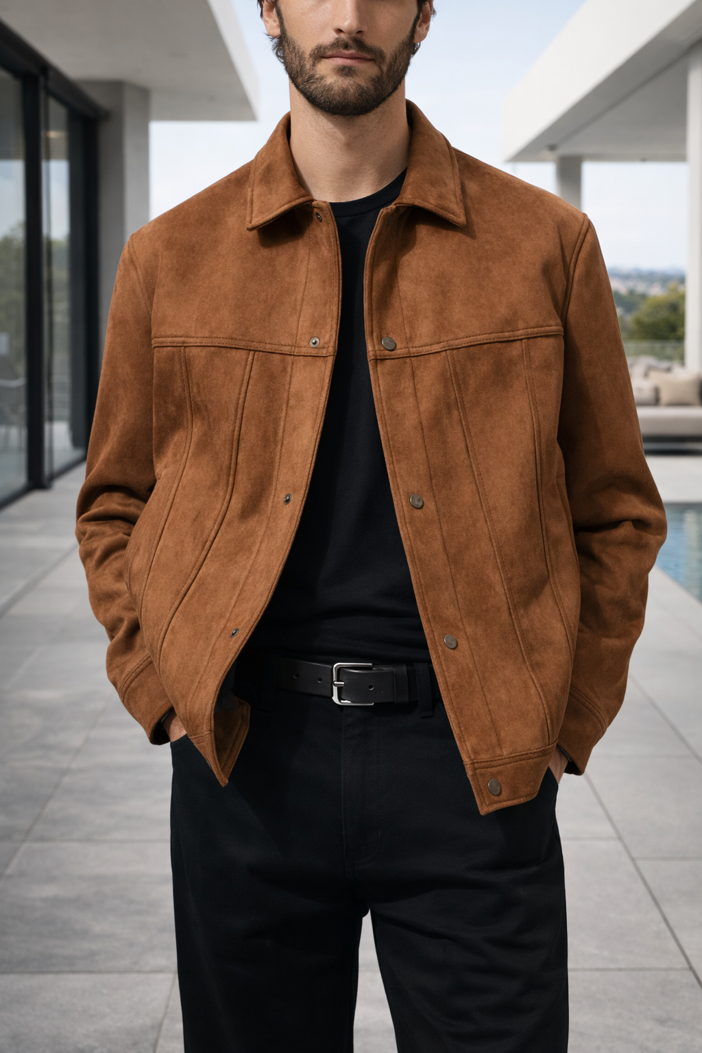 Men's Button-Front Suede Trucker Jacket