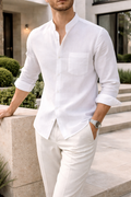 Men's Linen Blend Grandad Collar Shirt