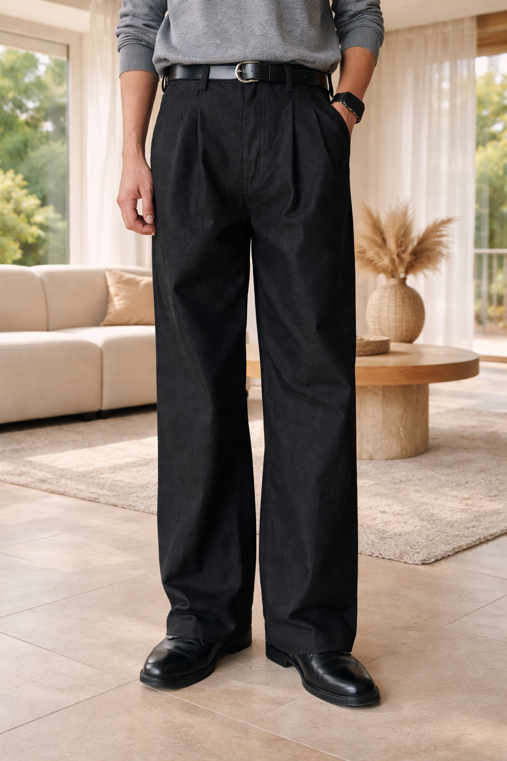 Men's Relaxed Tailored Pleat-Front Wide-Leg Trousers
