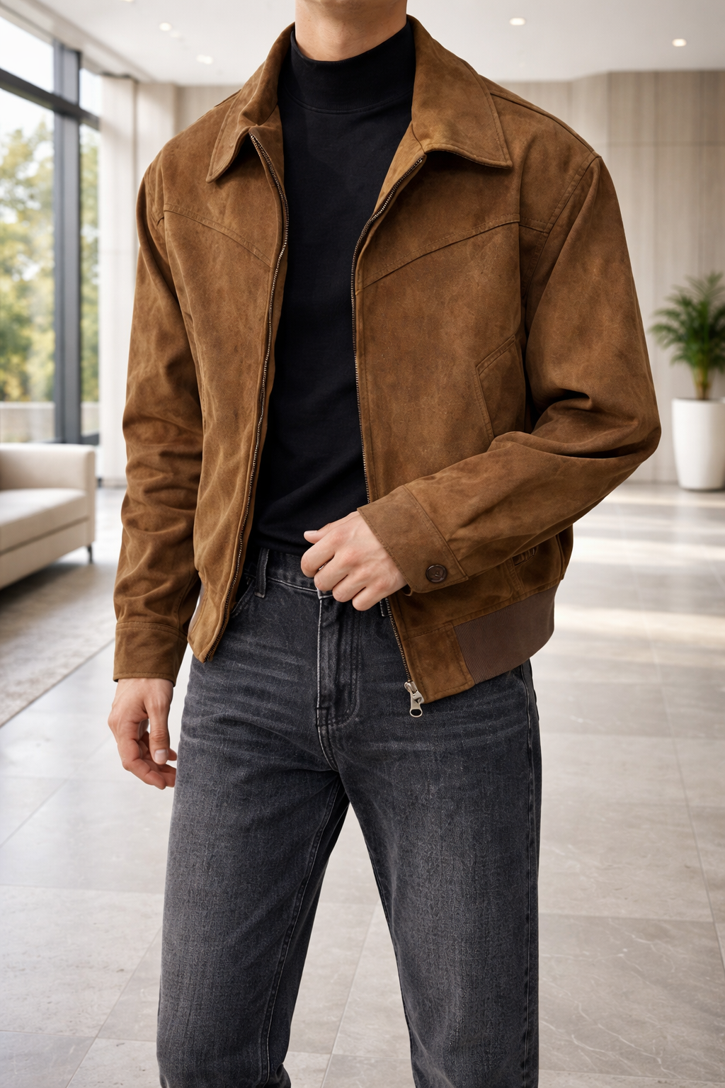Men's Zip-Front Collared Suede Leather Jacket