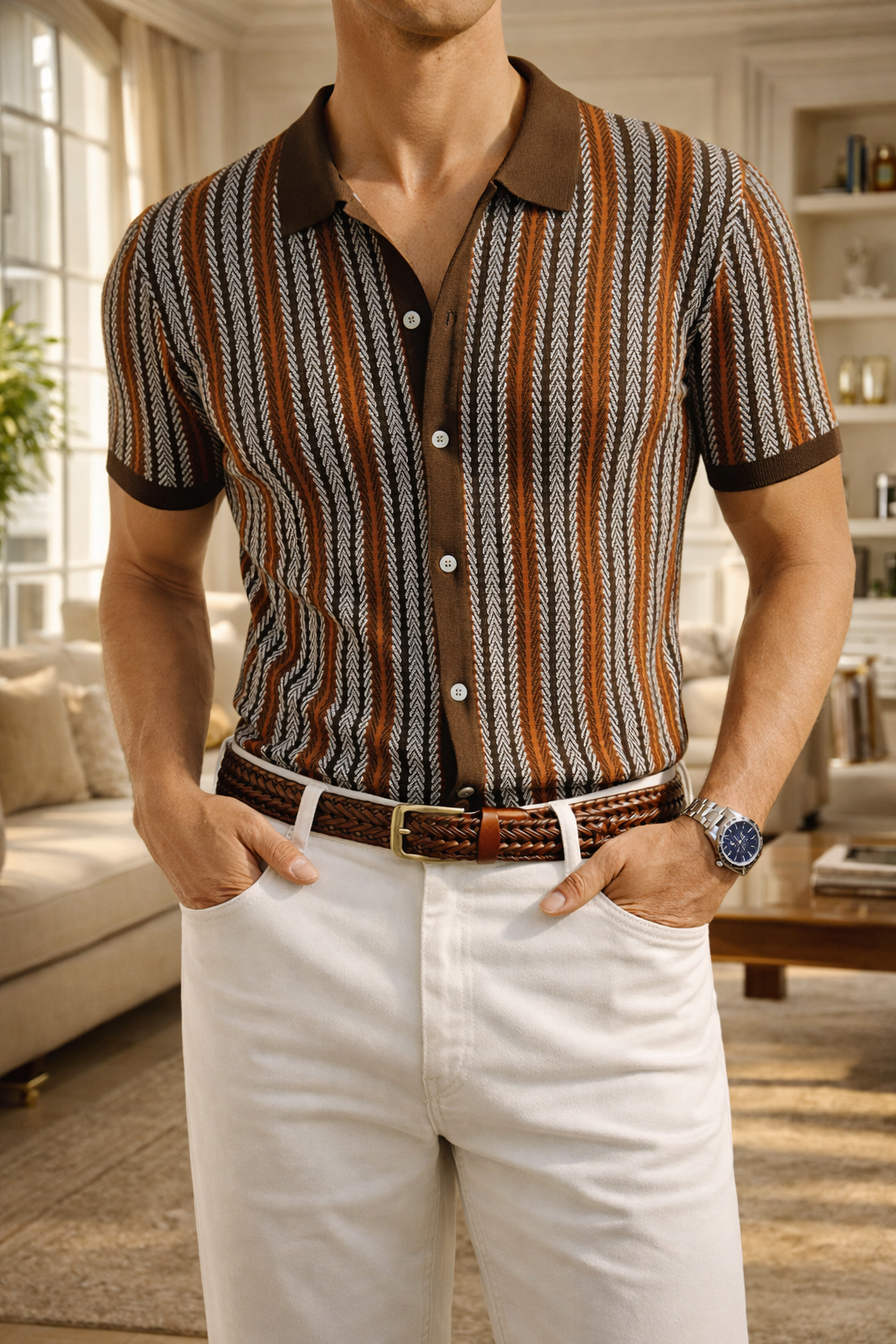 Men's Button-Through Patterned Knitted Polo