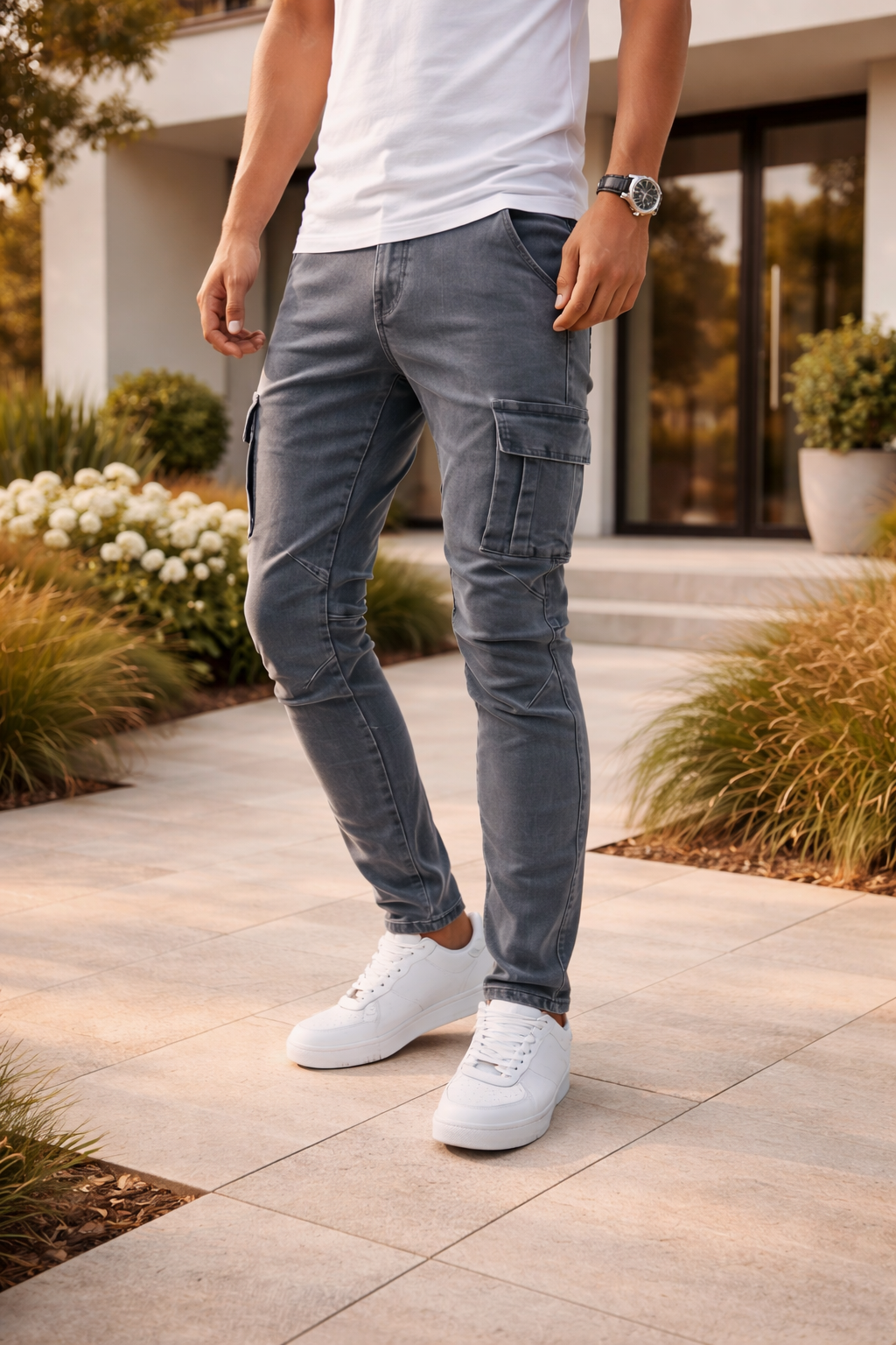 Men's Modern Slim-Fit Denim Cargo Trousers