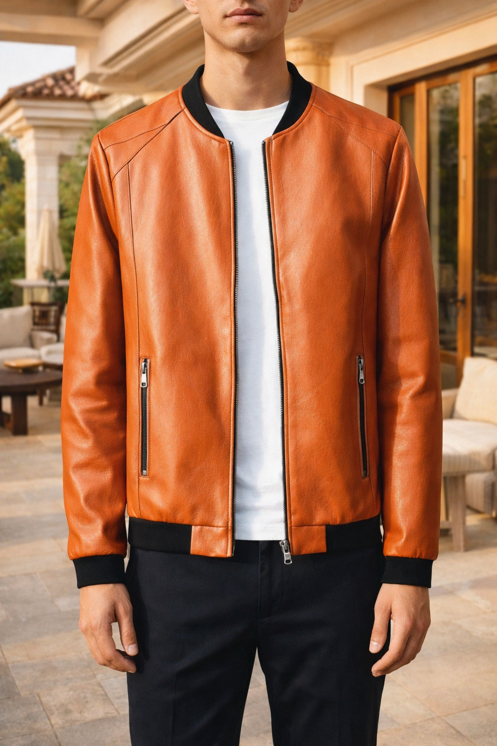 Men's Rib-Trimmed Leather Blouson Jacket