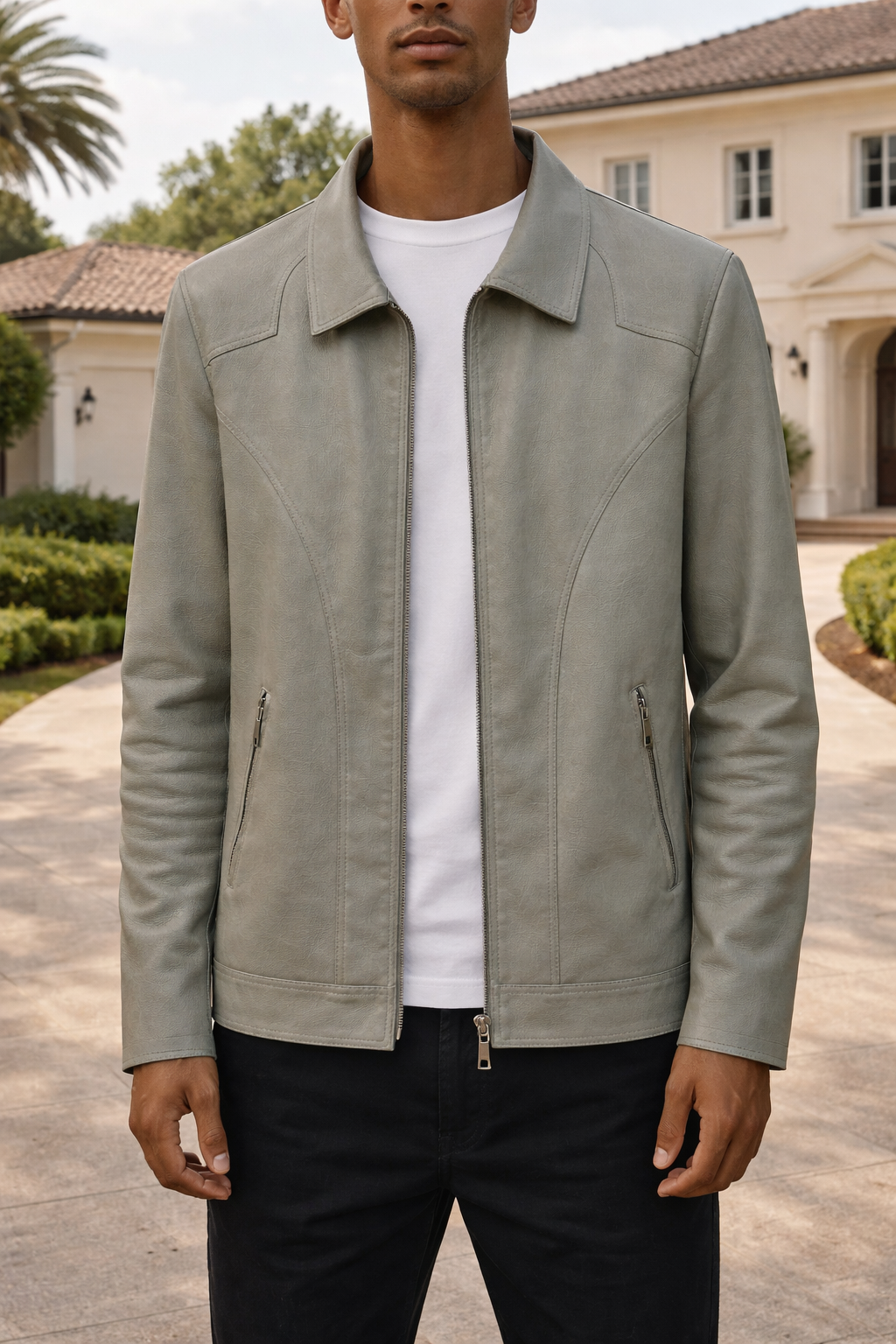 Men's Zip-Front Leather Blouson Jacket