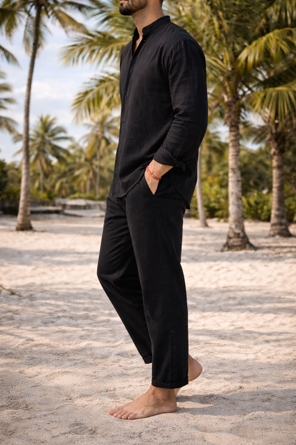 Men's Relaxed Collarless Linen Shirt Co-Ord