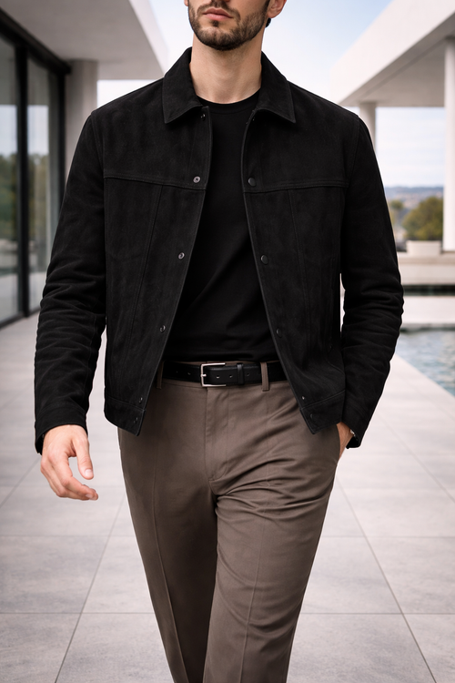 Men's Button-Front Suede Trucker Jacket