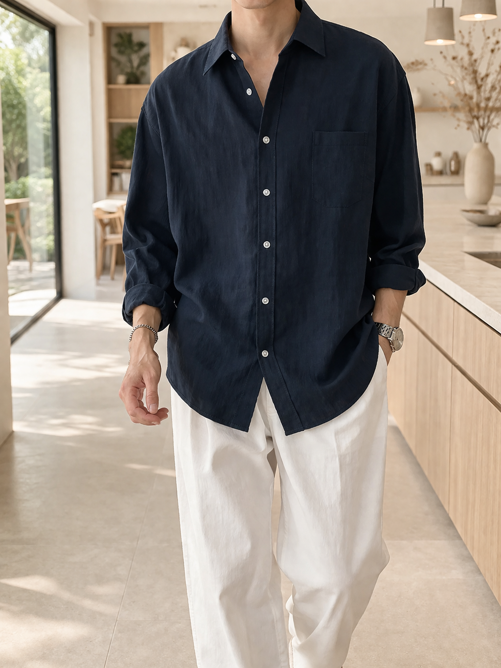 Men's Long Sleeve Button-Front Linen Blend Shirt