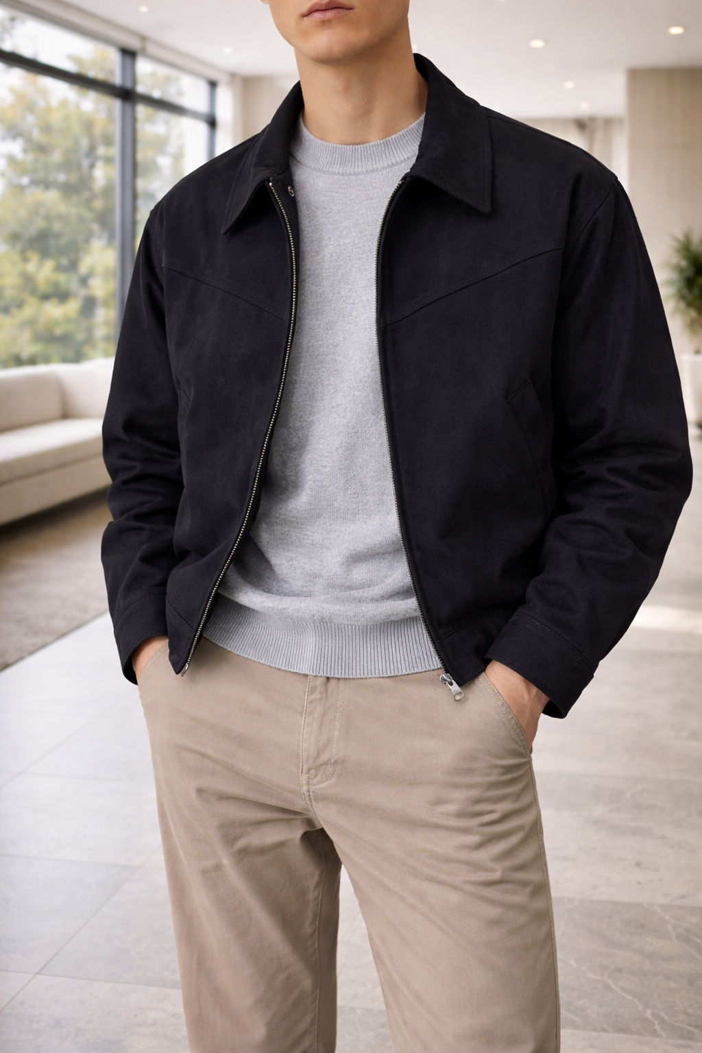 Men's Zip-Front Collared Suede Leather Jacket