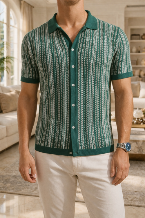 Men's Button-Through Patterned Knitted Polo