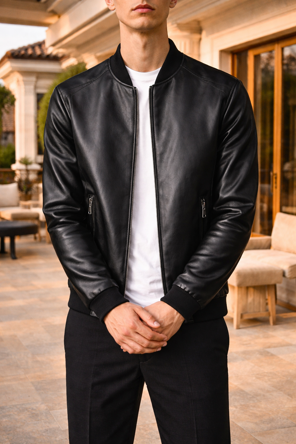 Men's Rib-Trimmed Leather Blouson Jacket