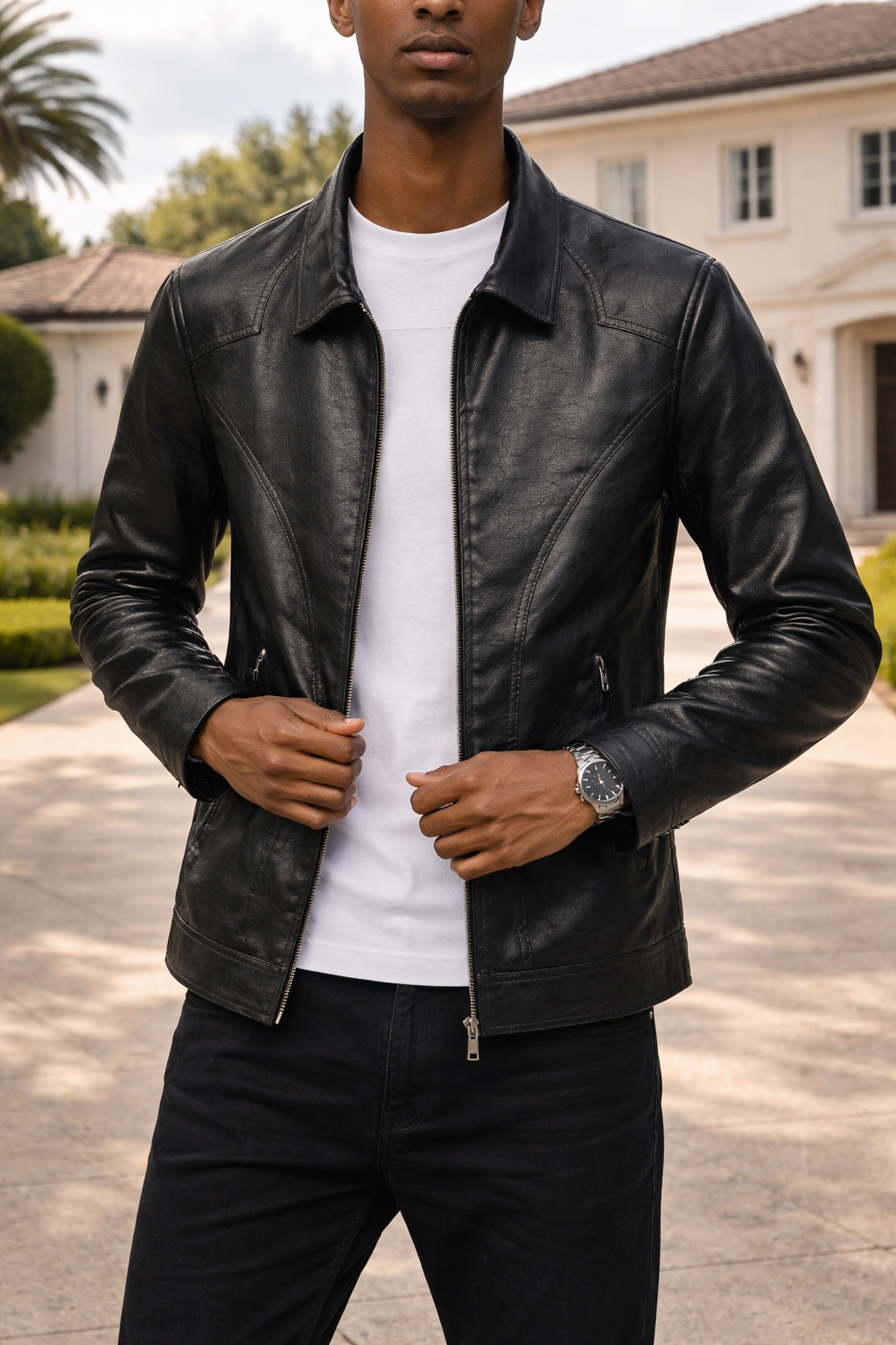 Men's Zip-Front Leather Blouson Jacket