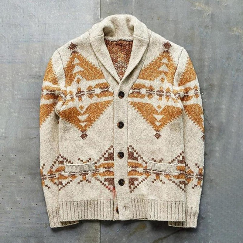 Men's Vintage Printed Shawl Collar Button-Through Cardigan