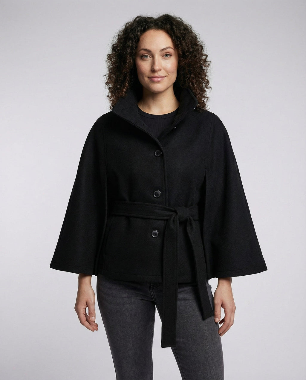 Women's High-Collar Woollen Belted Cape