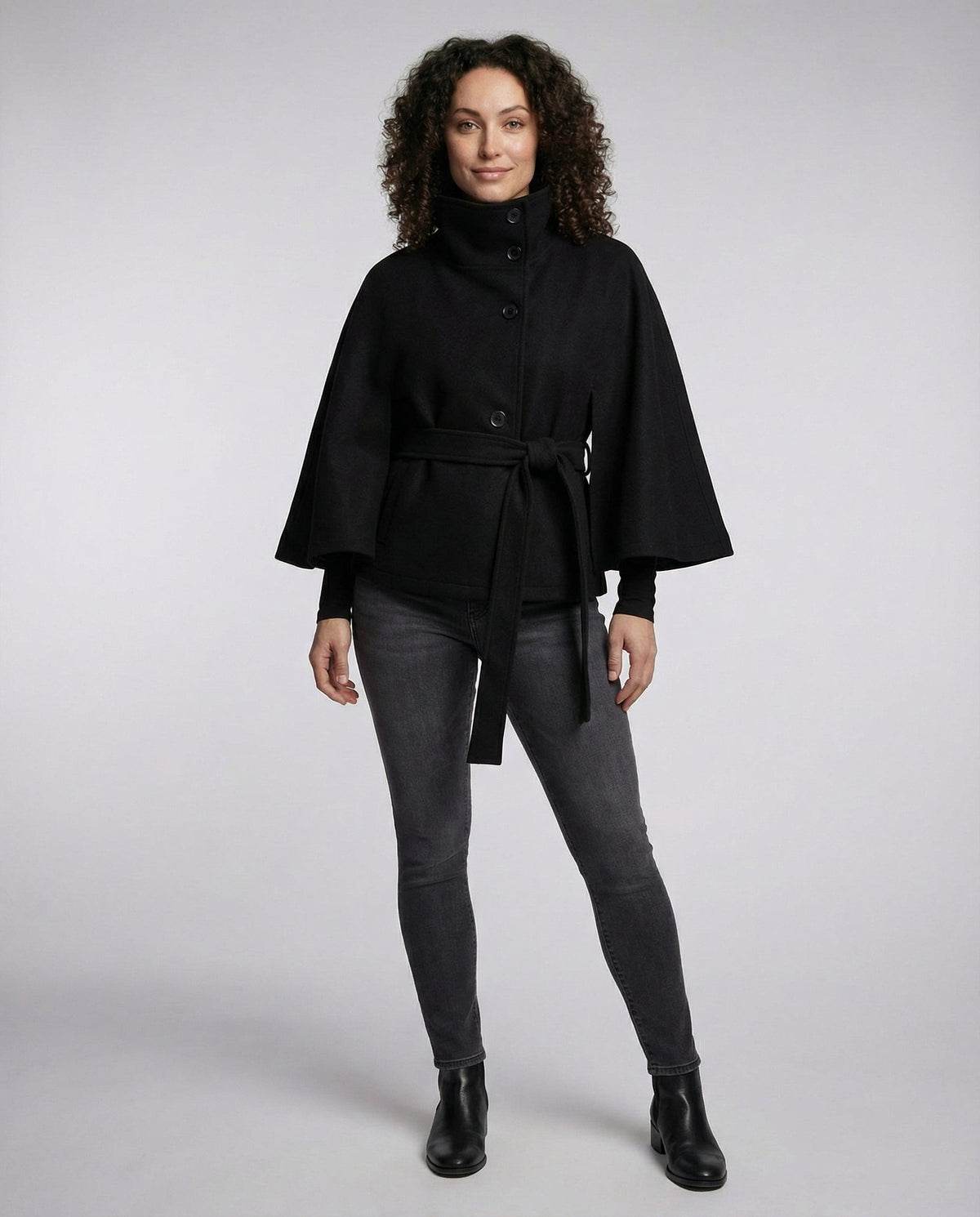 Women's High-Collar Woollen Belted Cape