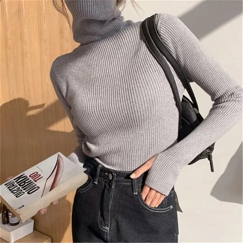 Women's Slim Stretch Ribbed Polo Neck Top