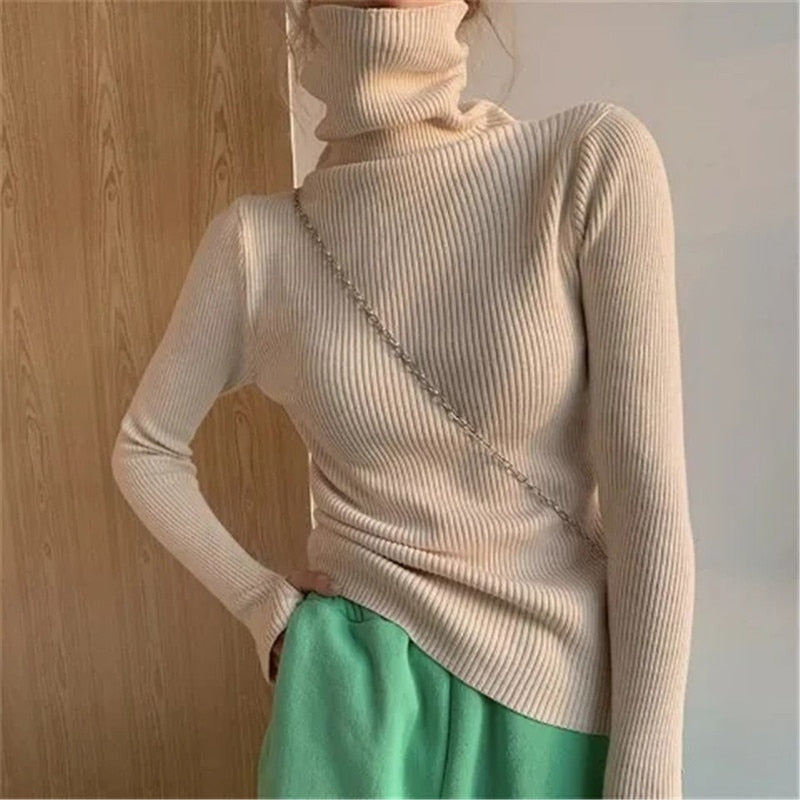 Women's Slim Stretch Ribbed Polo Neck Top