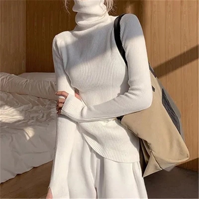 Women's Slim Stretch Ribbed Polo Neck Top