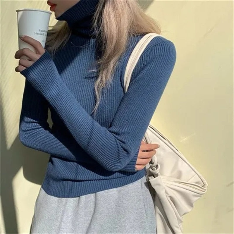 Women's Slim Stretch Ribbed Polo Neck Top