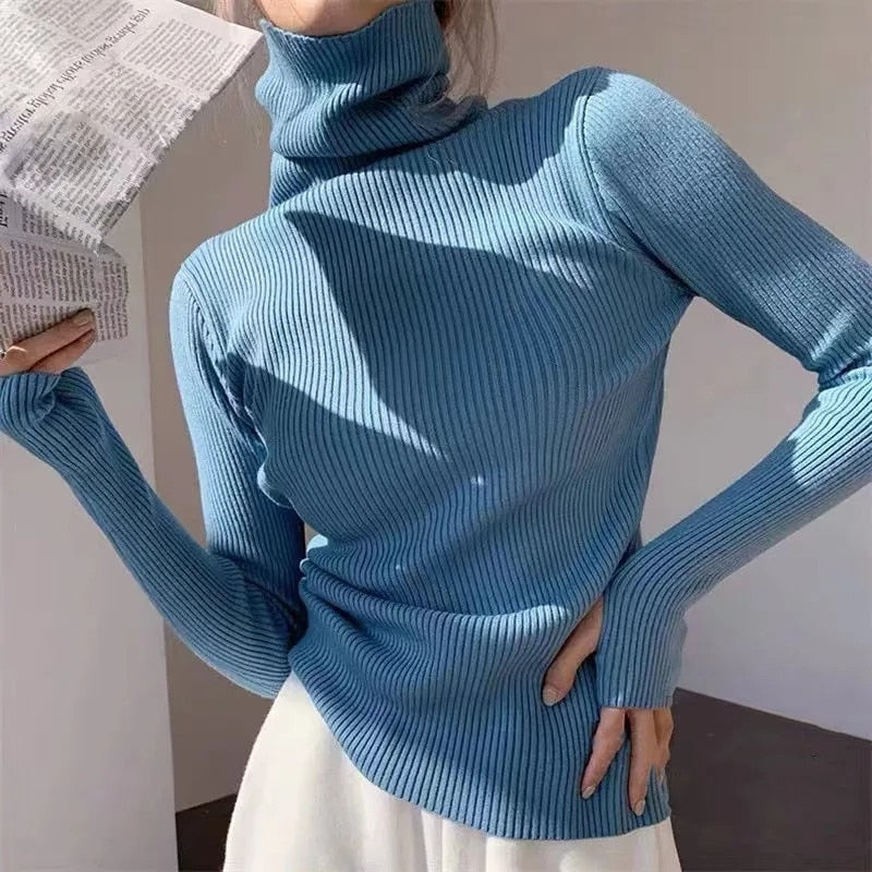 Women's Slim Stretch Ribbed Polo Neck Top