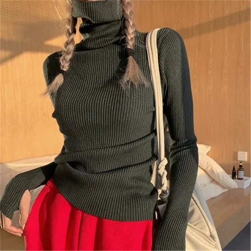 Women's Slim Stretch Ribbed Polo Neck Top