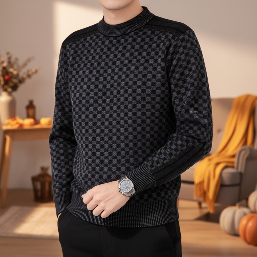 Men's Rib-Trimmed Printed Crew Neck Pullover