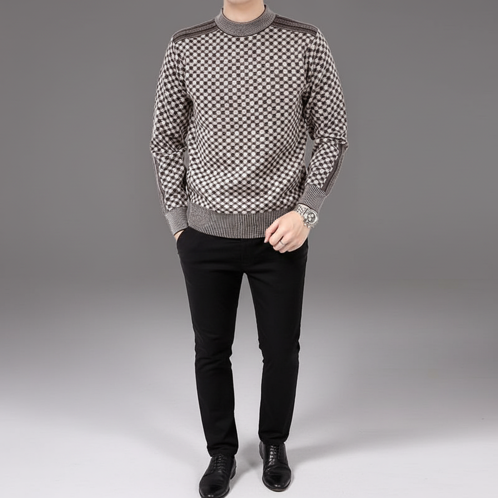 Men's Rib-Trimmed Printed Crew Neck Pullover