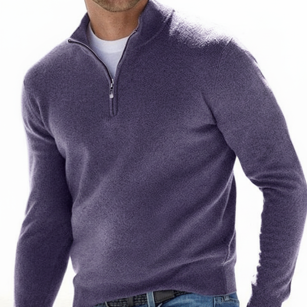 Men's Fine Knit Ribbed Collar Quarter-Zip Pullover