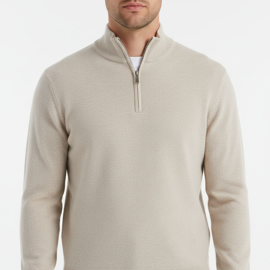 Men's Fine Knit Ribbed Collar Quarter-Zip Pullover