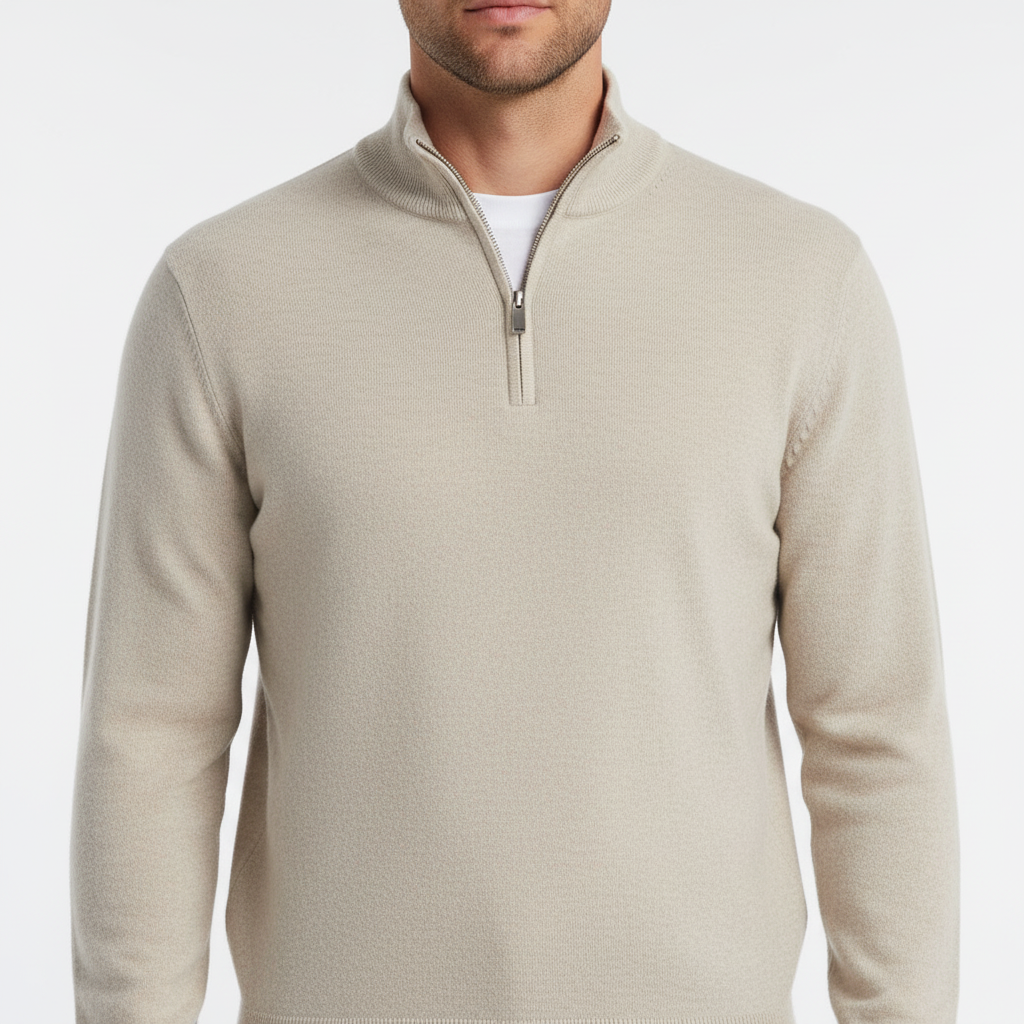Men's Fine Knit Ribbed Collar Quarter-Zip Pullover
