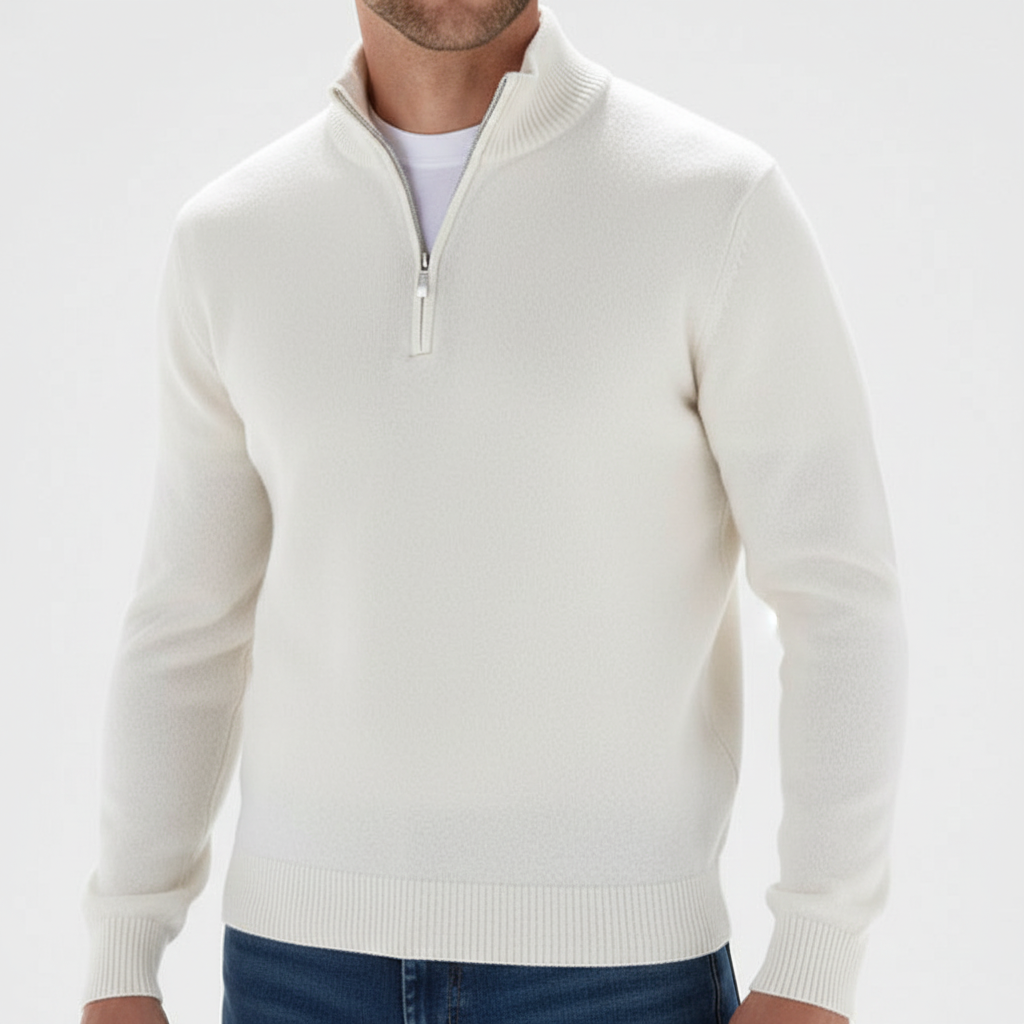 Men's Fine Knit Ribbed Collar Quarter-Zip Pullover