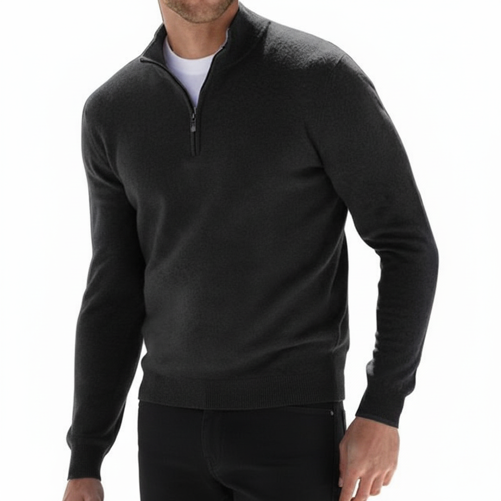 Men's Fine Knit Ribbed Collar Quarter-Zip Pullover