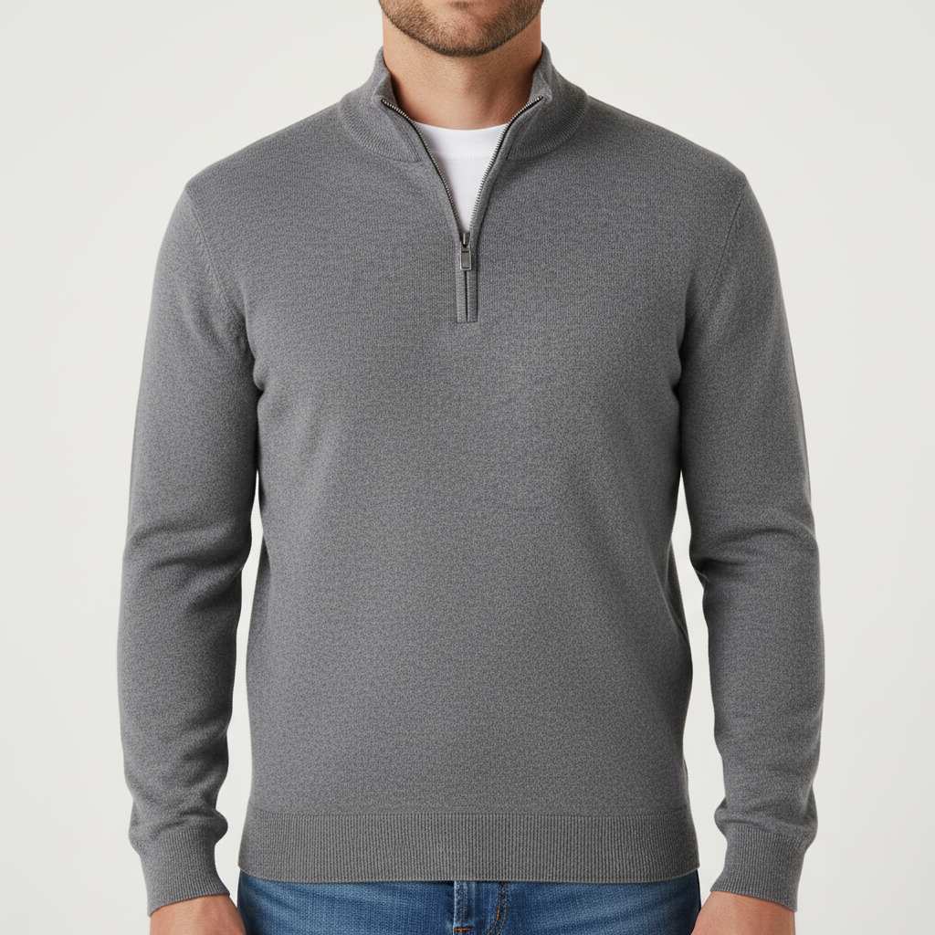 Men's Fine Knit Ribbed Collar Quarter-Zip Pullover