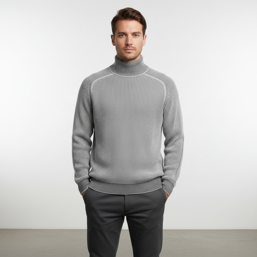 Men's Ribbed Raglan-Sleeve Polo Neck Pullover