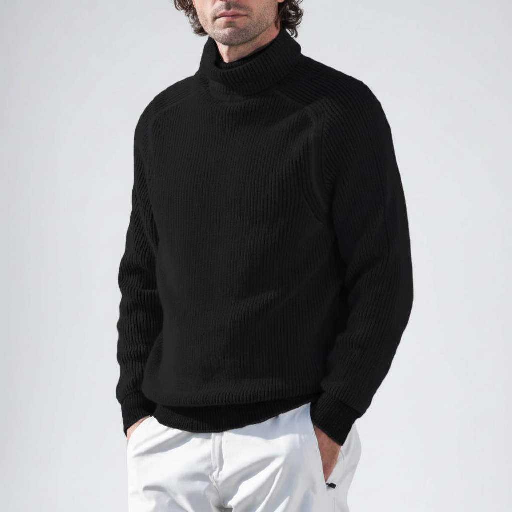 Men's Ribbed Raglan-Sleeve Polo Neck Pullover