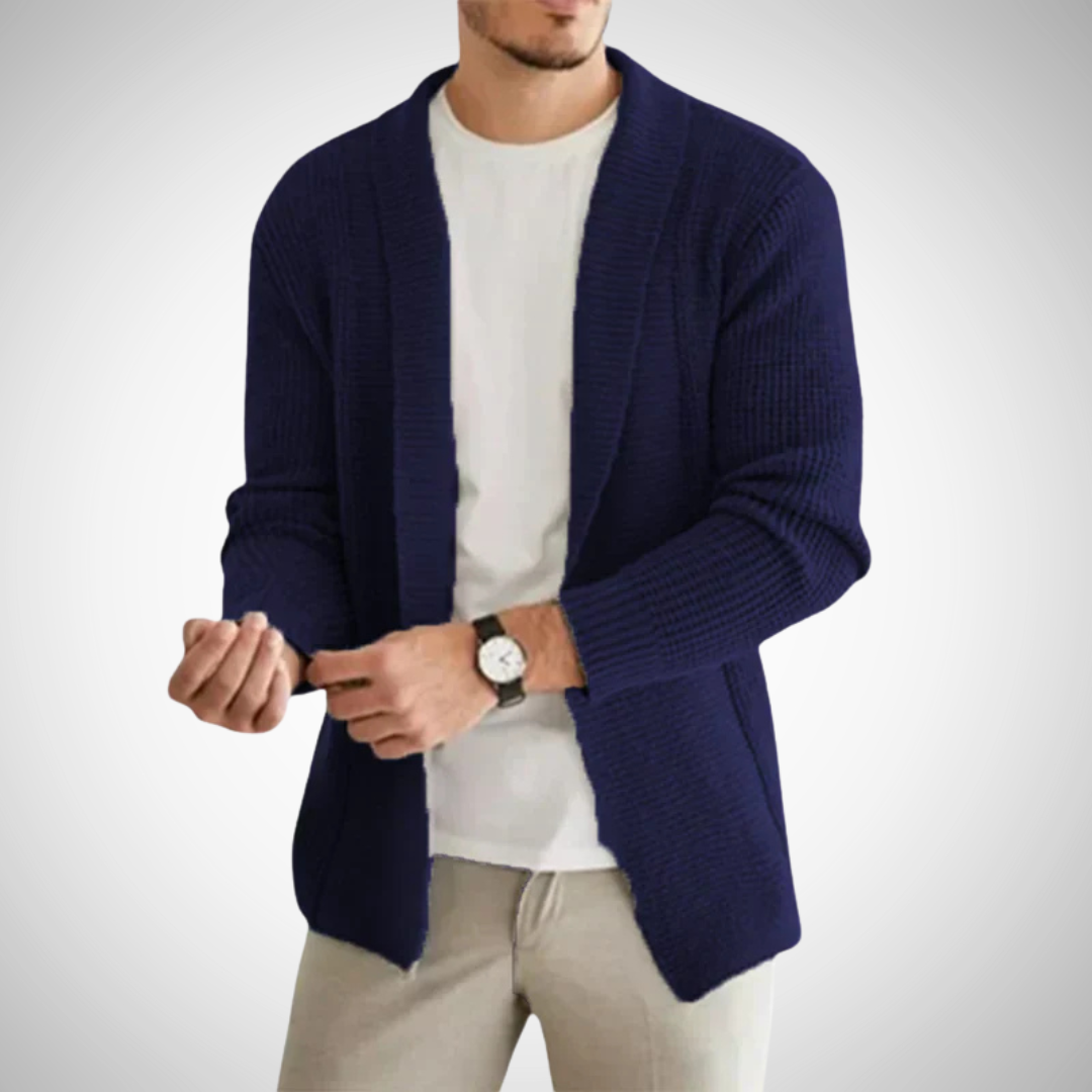 Men's Textured Shawl Collar Open-Front Knit Cardigan