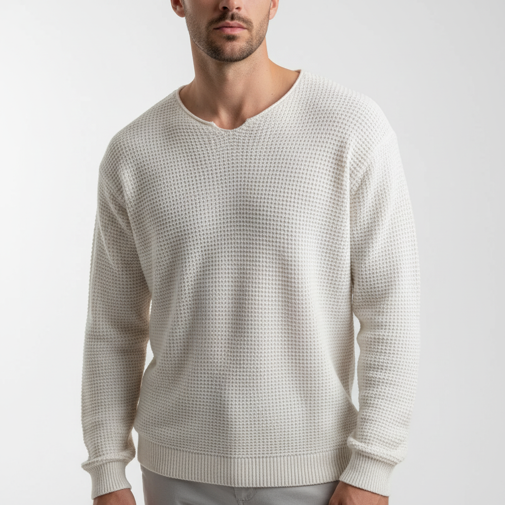 Men's Notched Crew Neck Waffle Knit Pullover