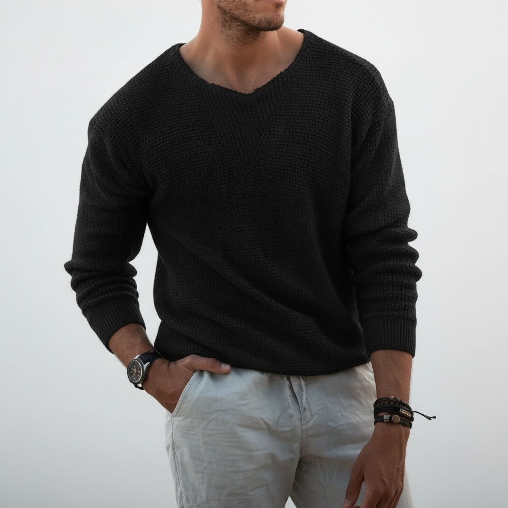 Men's Notched Crew Neck Waffle Knit Pullover