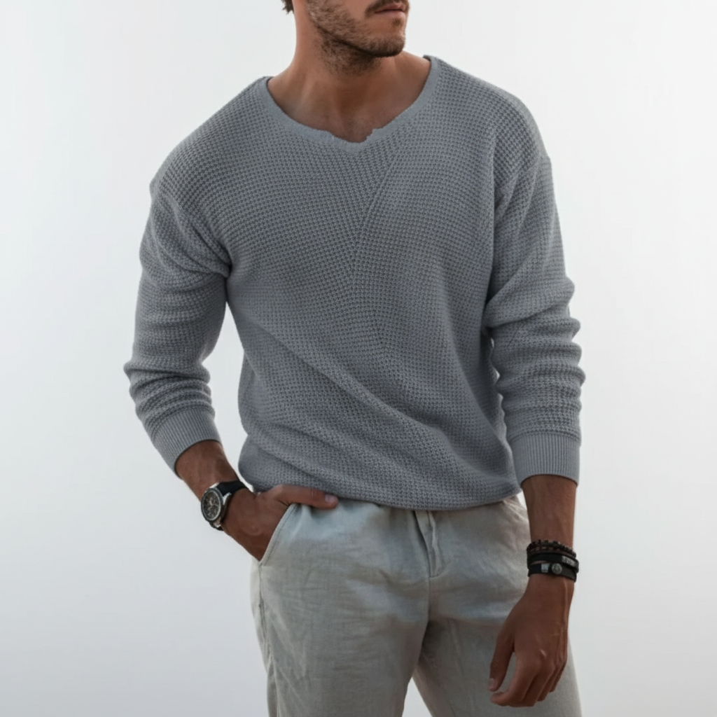 Men's Notched Crew Neck Waffle Knit Pullover