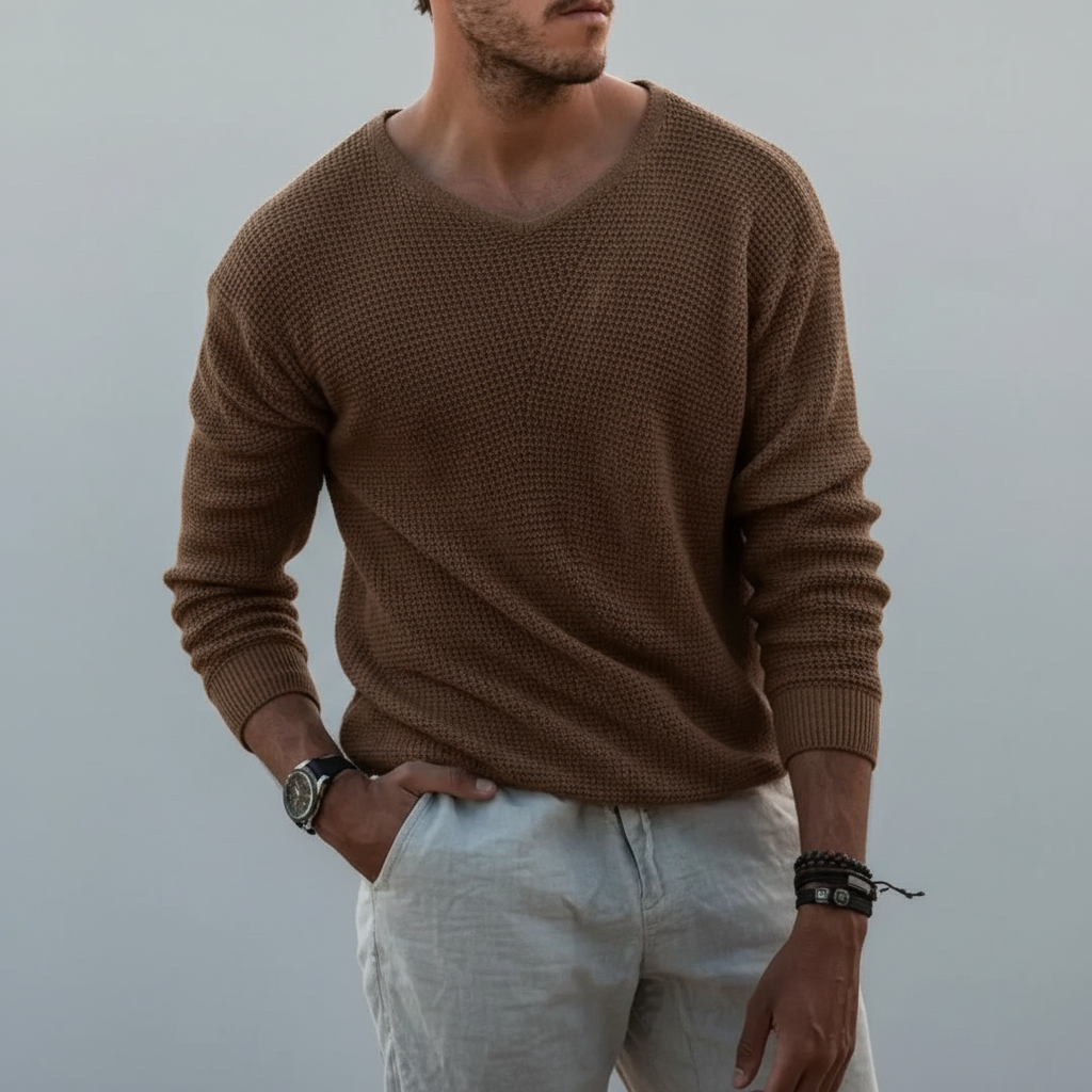 Men's Notched Crew Neck Waffle Knit Pullover