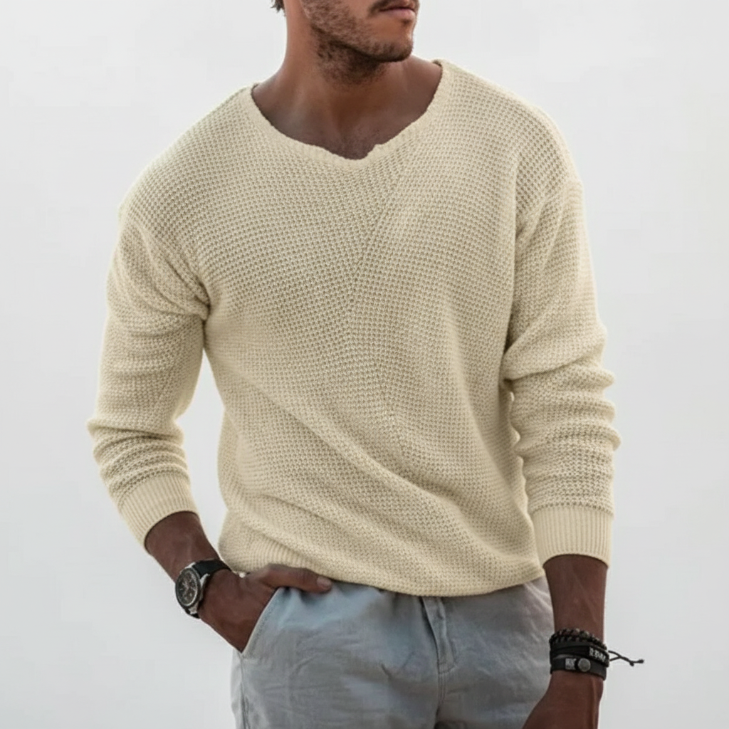 Men's Notched Crew Neck Waffle Knit Pullover