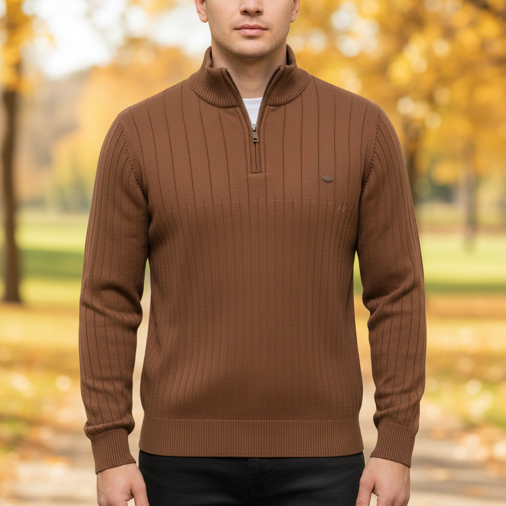Men's Raised Collar Textured Half-Zip Knit Pullover