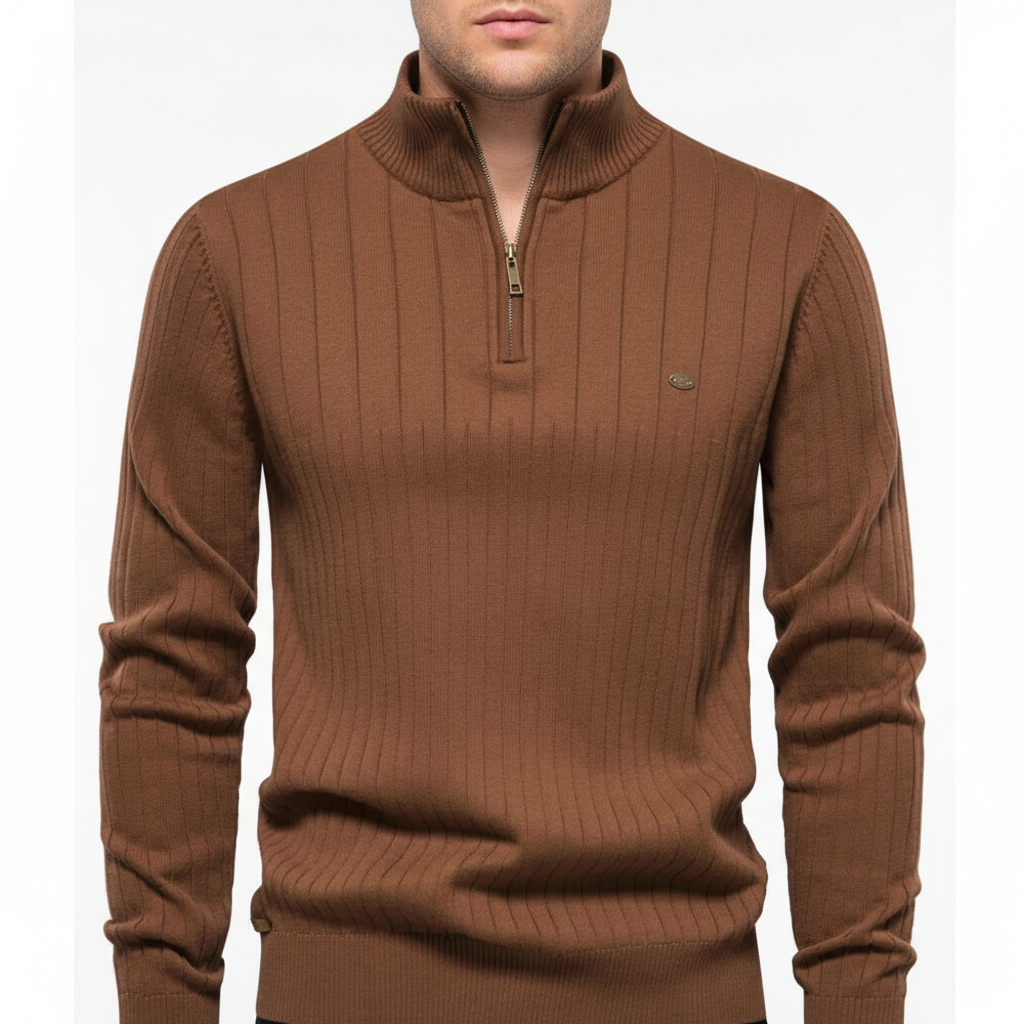 Men's Raised Collar Textured Half-Zip Knit Pullover