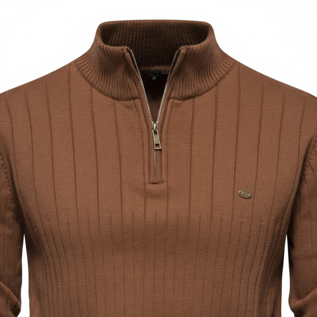 Men's Raised Collar Textured Half-Zip Knit Pullover