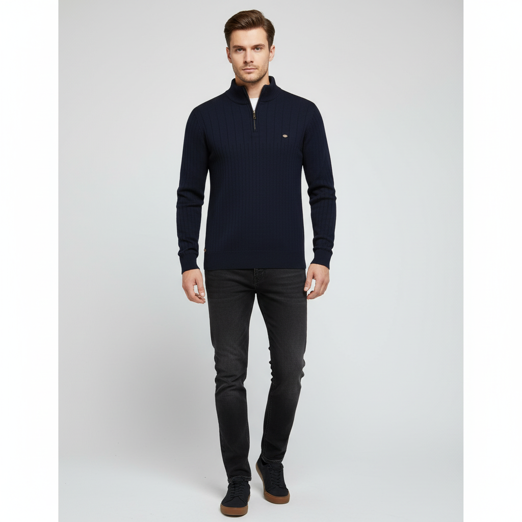 Men's Raised Collar Textured Half-Zip Knit Pullover