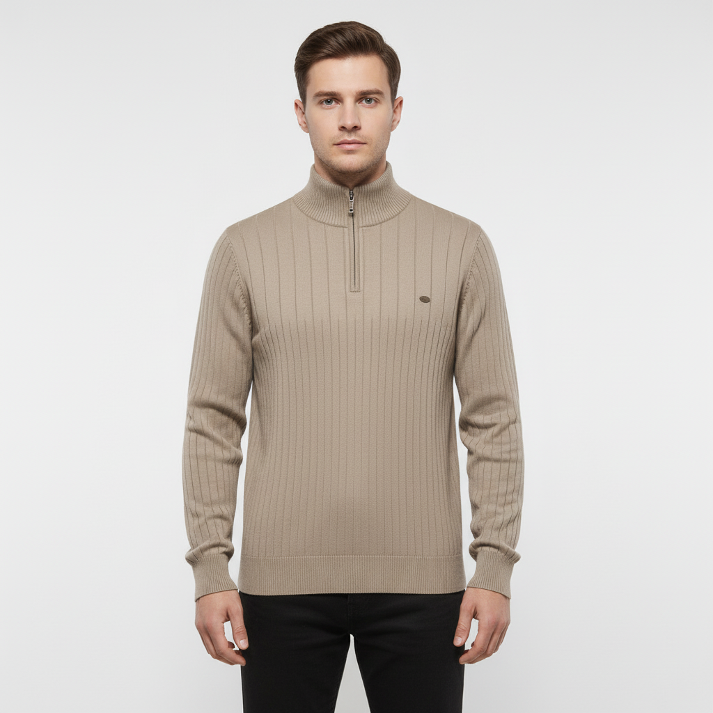 Men's Raised Collar Textured Half-Zip Knit Pullover